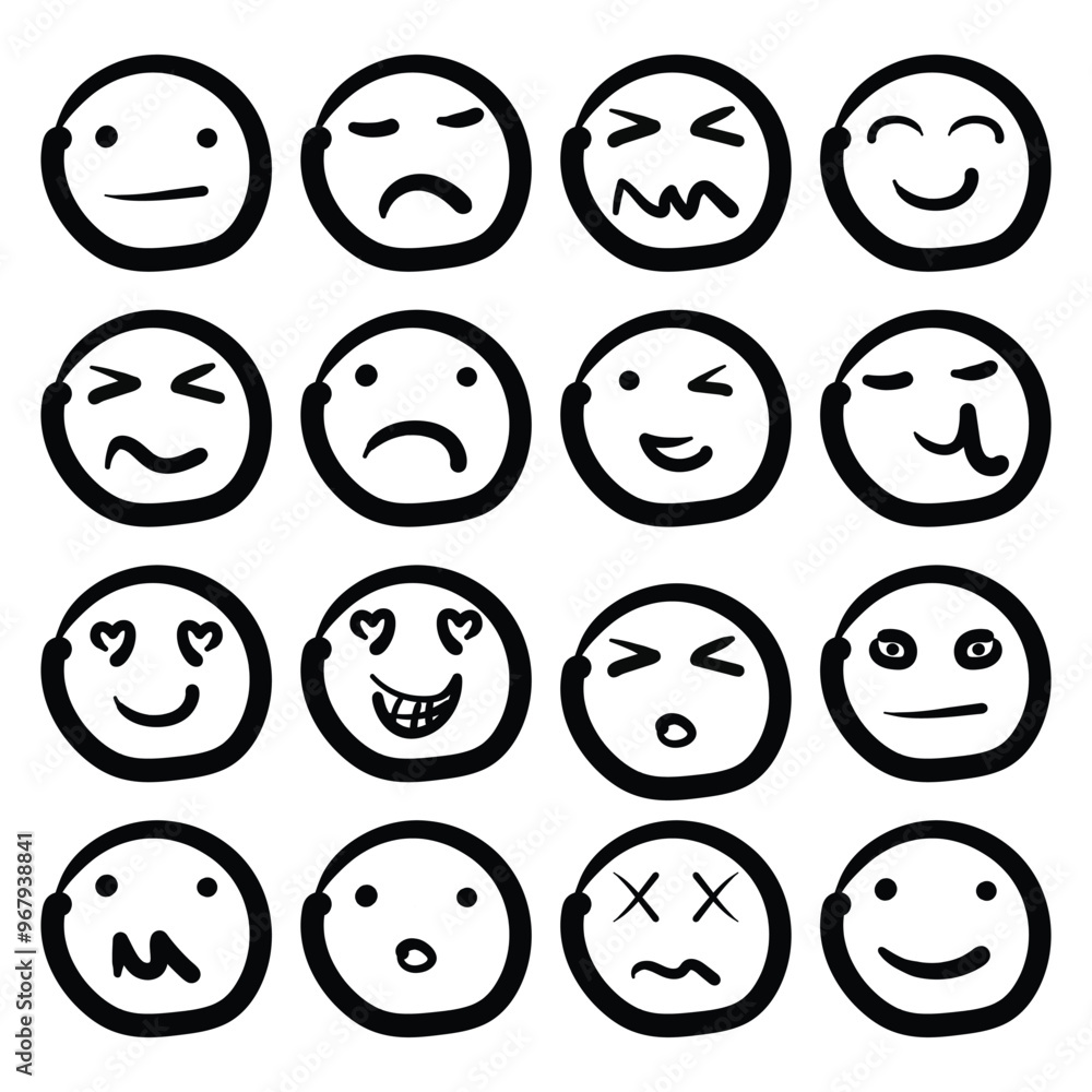 Emoticons Sketch, Ink Brush of Happy Sad Face Icon Doodle Illustration Emoticons Sketch, Ink Brush of Happy Sad Face Icon Doodle Illustration