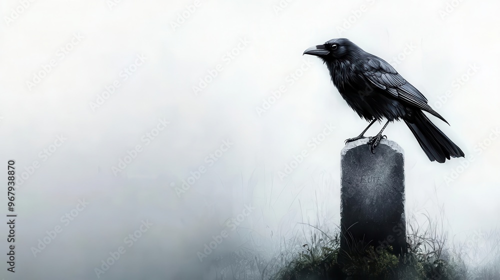 Fototapeta premium Crow in witch costume, standing on a gravestone, foggy night, Watercolor style
