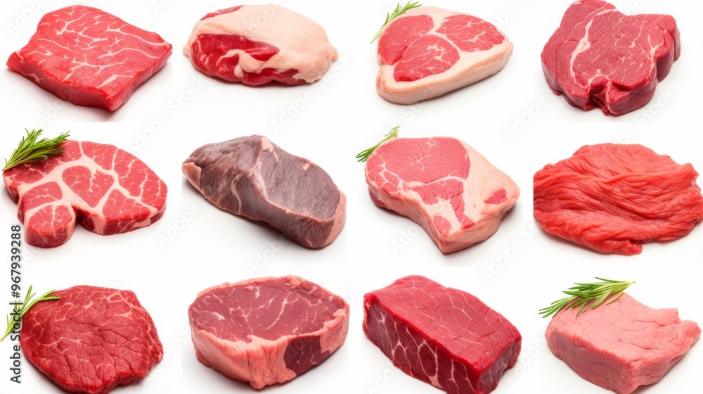 Various cuts of raw beef displayed on a white background for culinary inspiration and options Various cuts of raw beef displayed on a white background for culinary inspiration and options