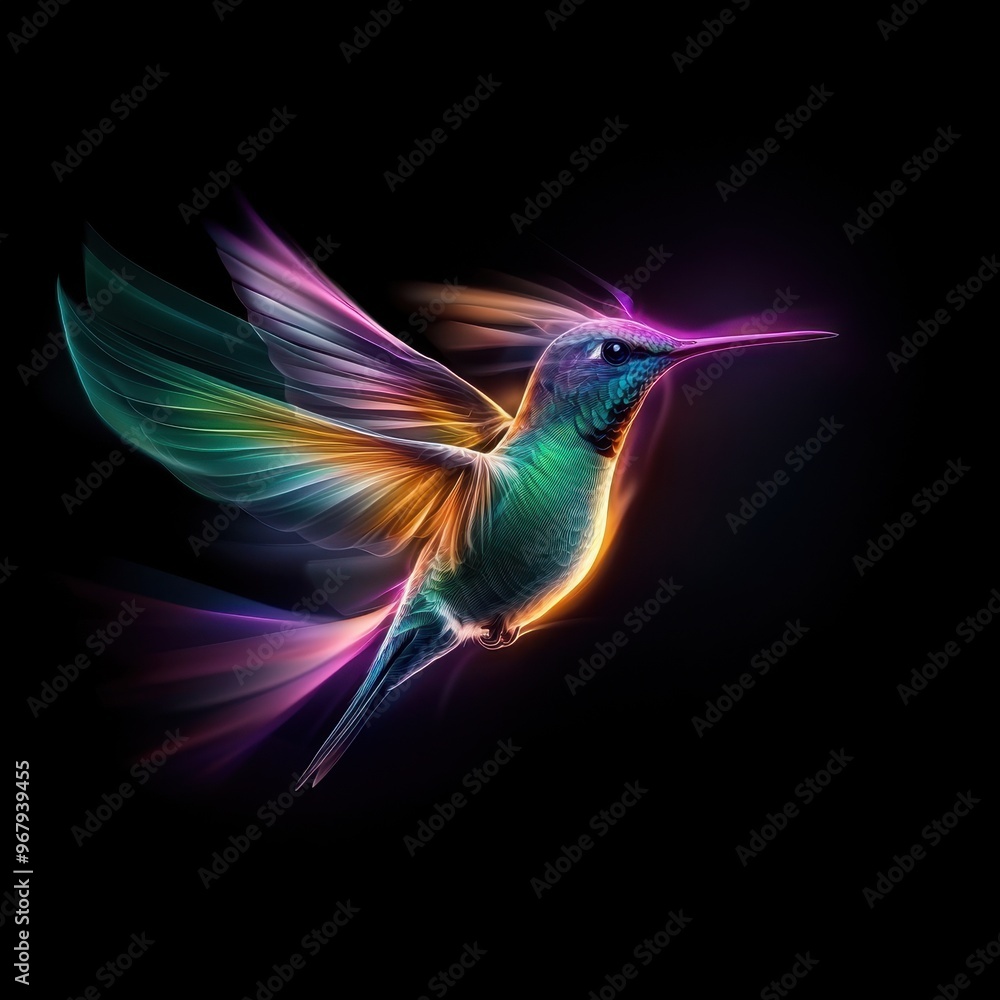 Obraz premium Colorful hummingbird in flight against a dark background