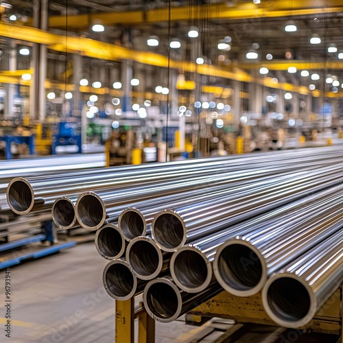 Rows of steel pipes in an industrial warehouse, depth of field perspective, metallic texture, production line, manufacturing machinery, factory setting