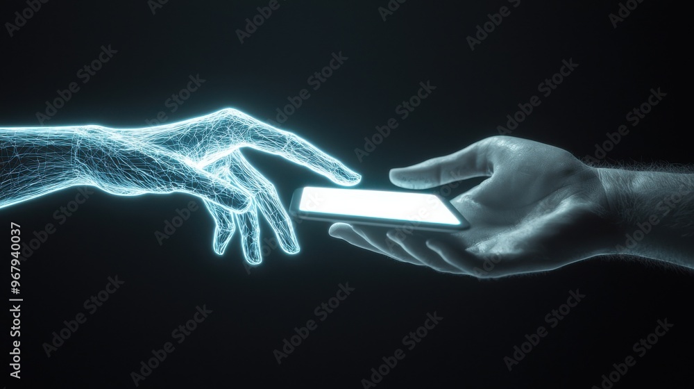 Fototapeta premium A digital hand passing a glowing document across a virtual workspace to another hand from a different location, showing the concept of task delegation and outsourcing