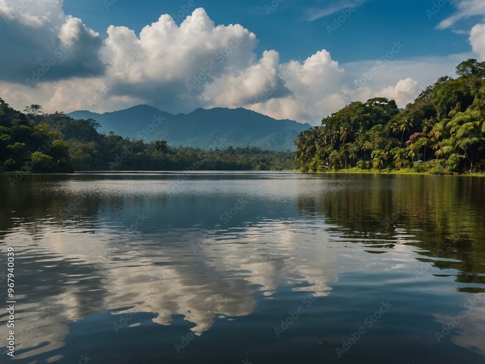 Scenic lake view at Ang Kaew Chiang Mai University with forested mountains and cloudy sky. Scenic lake view at Ang Kaew Chiang Mai University with forested mountains and cloudy sky.