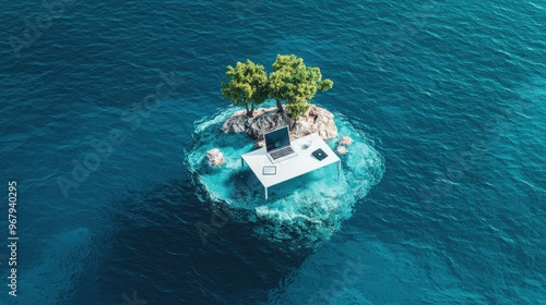 A digital office desk in the middle of an ocean, with islands of floating documents and virtual assistants