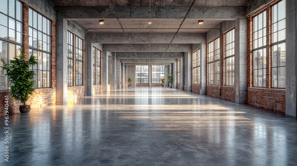 Fototapeta premium A large, empty loft space with exposed brick walls and concrete pillars.