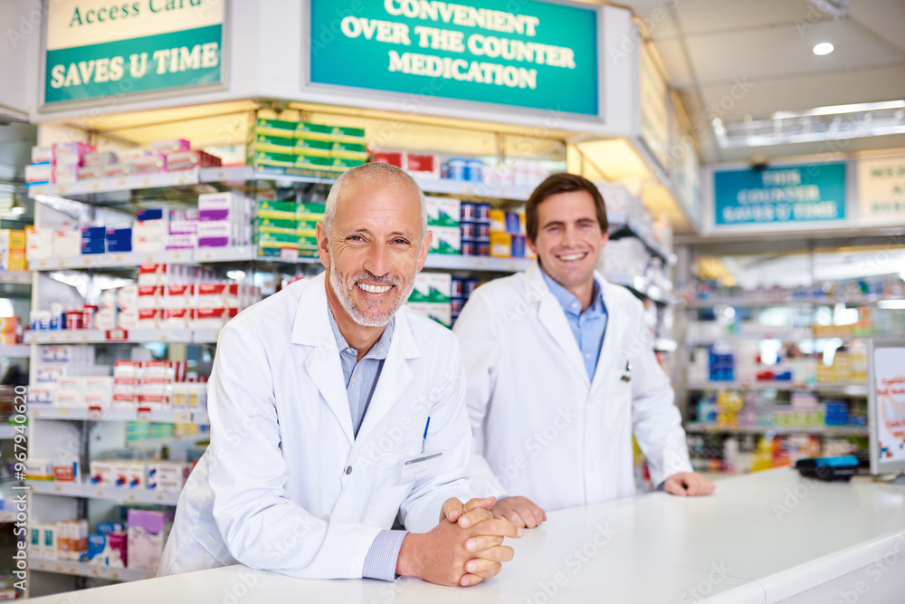 Portrait, team and happy people in pharmacy for healthcare, service or medicine. Pharmacist, face and medical professional in drugstore with mature manager and assistant at checkout counter for sales Portrait, team and happy people in pharmacy for healthcare, service or medicine. Pharmacist, face and medical professional in drugstore with mature manager and assistant at checkout counter for sales