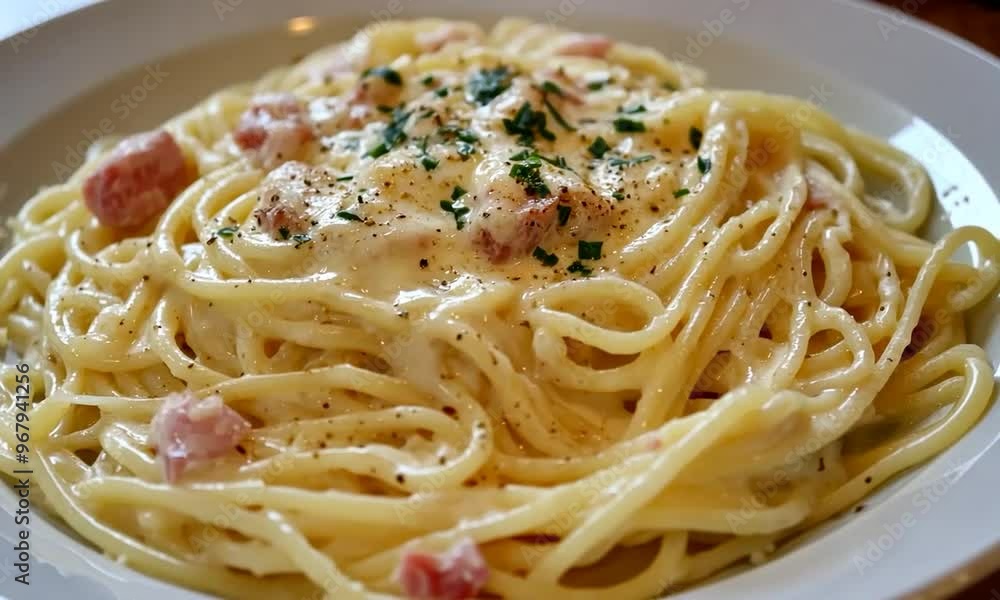 Creamy Spaghetti Carbonara with Basil Garnish Creamy Spaghetti Carbonara with Basil Garnish