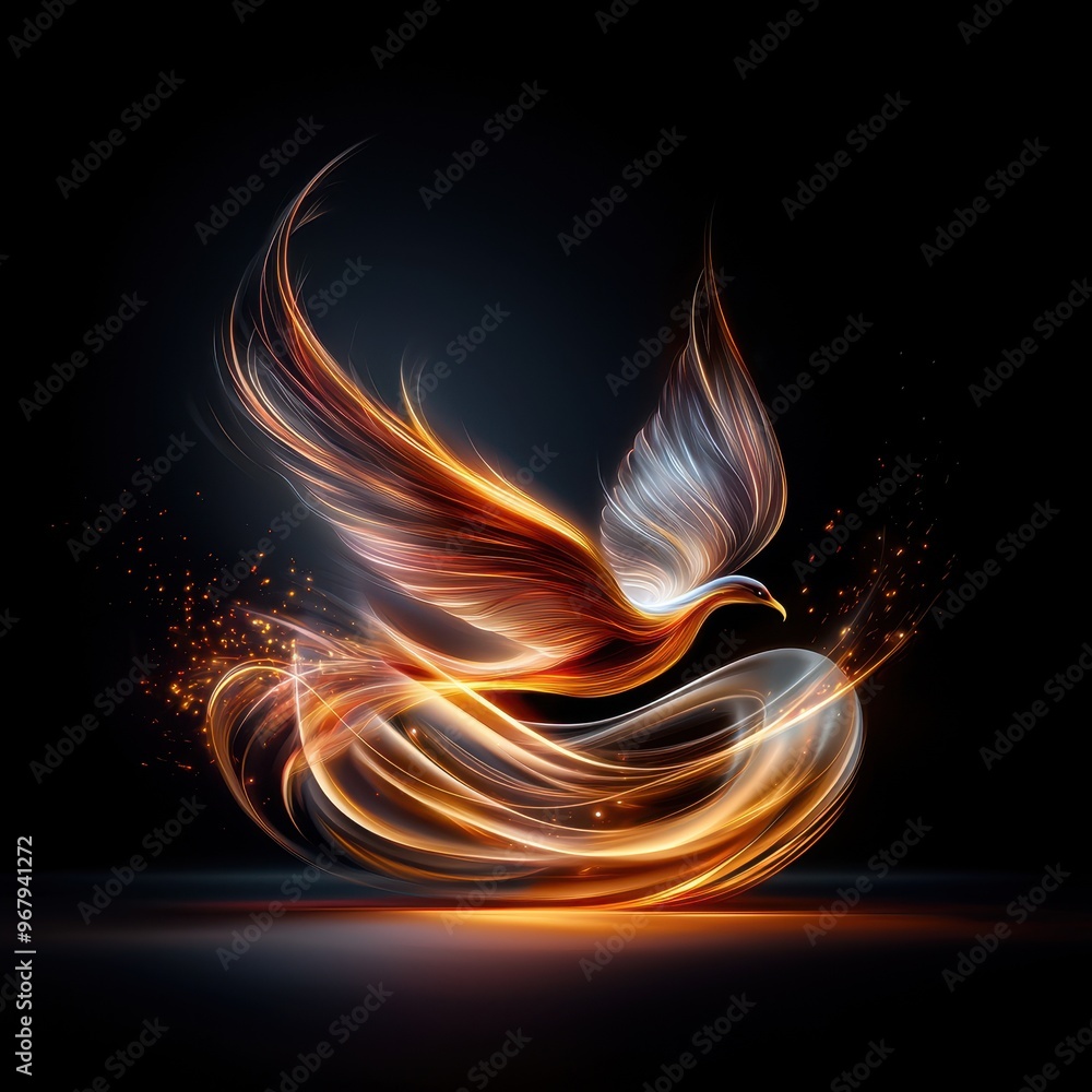 Fototapeta premium A stunning phoenix rising from flames with vibrant gold and silver wing feathers.