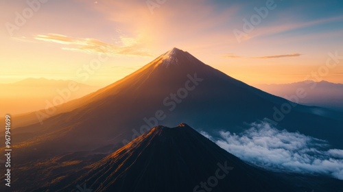 A stunning view of two mountains at sunset, showcasing natural beauty and tranquility.