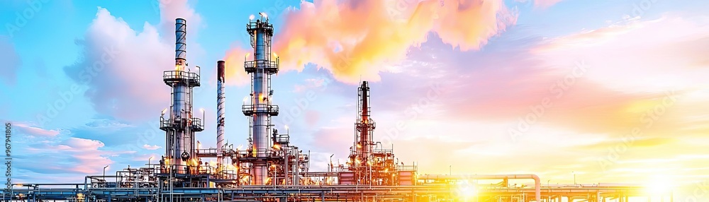 Twilight view of an oil refinery with soft clouds and industrial smoke, contrast between nature and industry, environmental impact in stark tones Twilight view of an oil refinery with soft clouds and industrial smoke, contrast between nature and industry, environmental impact in stark tones