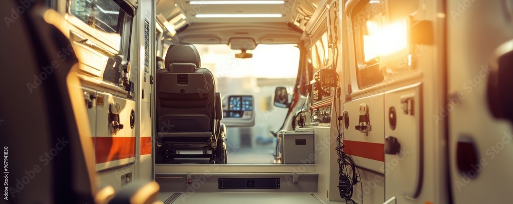 © annamaria - Modern ambulance inside vehicle safety interior, ambulance panorama banner. Generative AI © annamaria - Modern ambulance inside vehicle safety interior, ambulance panorama banner. Generative AI