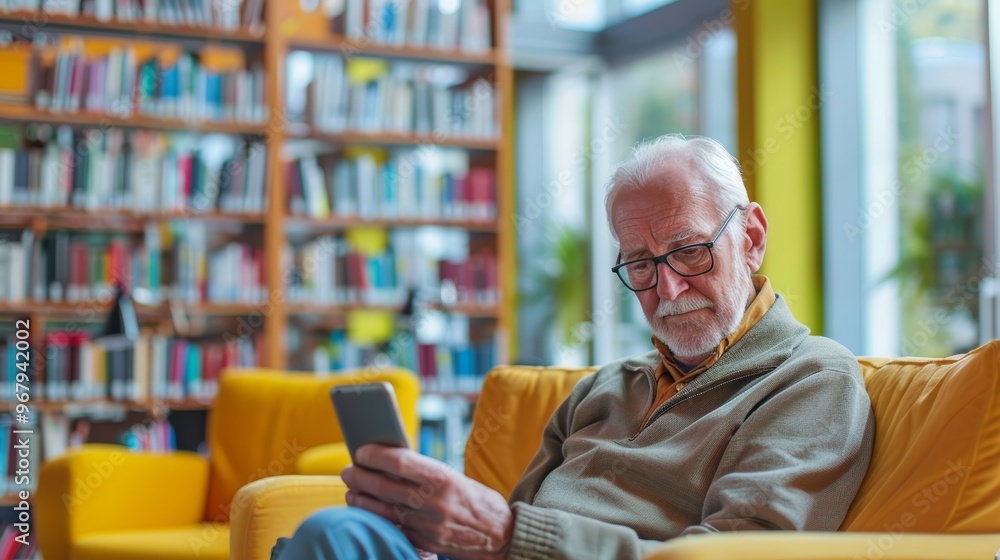 Senior Man in Modern Library Using Smartphone at Technology Workshop for Seniors Senior Man in Modern Library Using Smartphone at Technology Workshop for Seniors