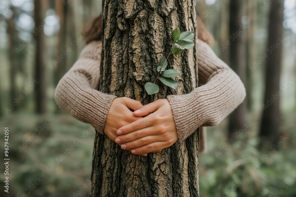 Nature lover hugging trunk tree with green woods forest. Green natural ...
