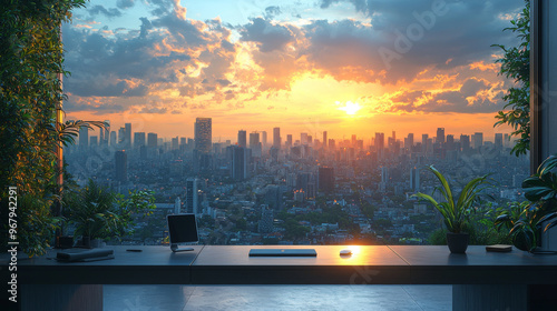 A city skyline at sunset, viewed from a modern office desk. photo