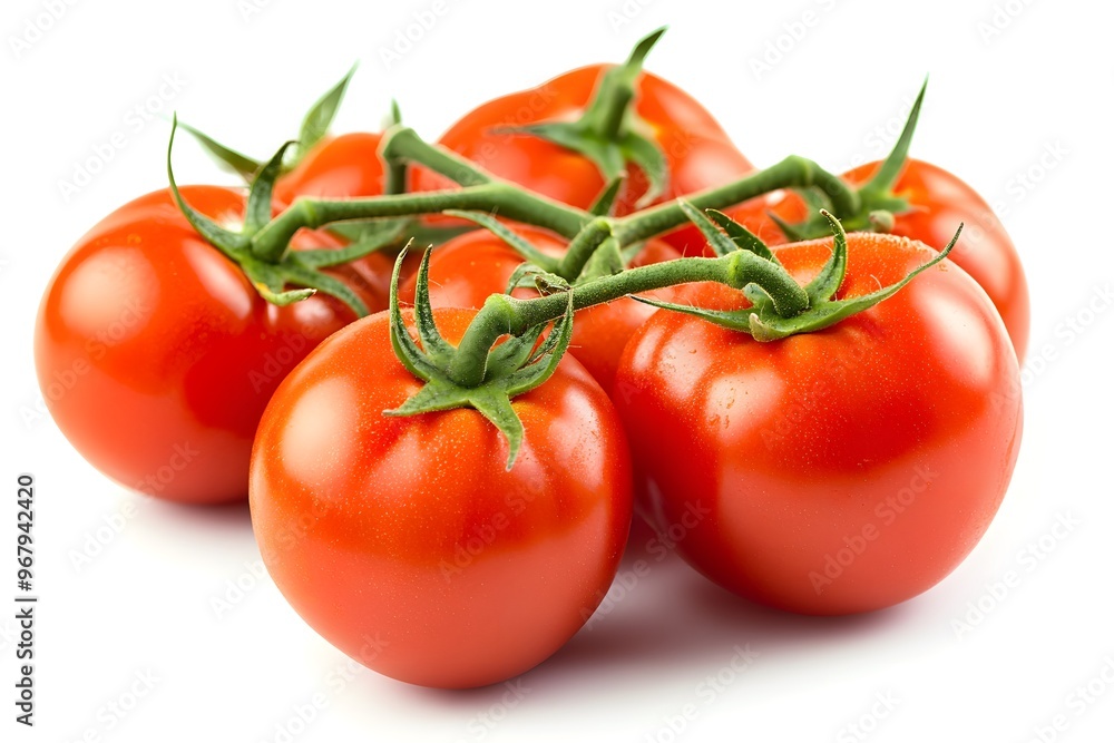 Fresh red tomatoes on green stems. Fresh red tomatoes on green stems.