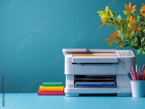 Modern Office Printer with Colorful Books and Pencils on a Blue Desk photo