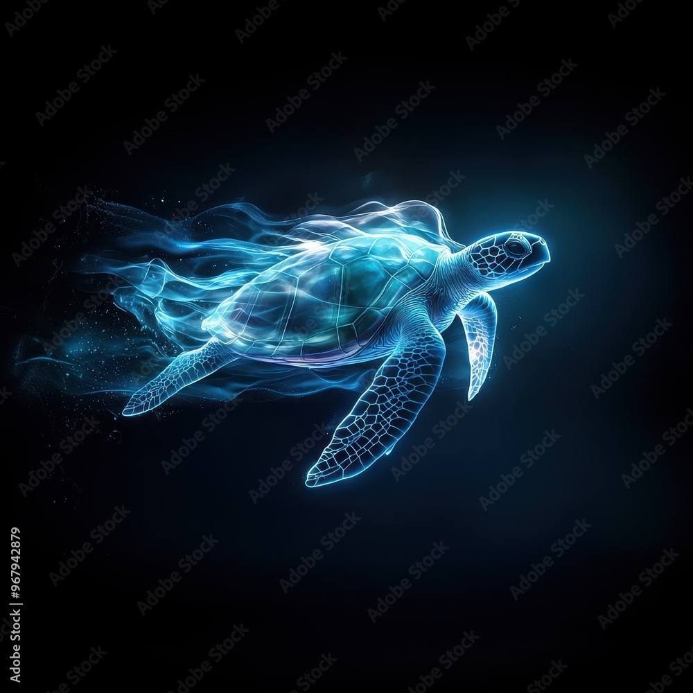 A glowing blue turtle gracefully glides through a dark ocean background. A glowing blue turtle gracefully glides through a dark ocean background.