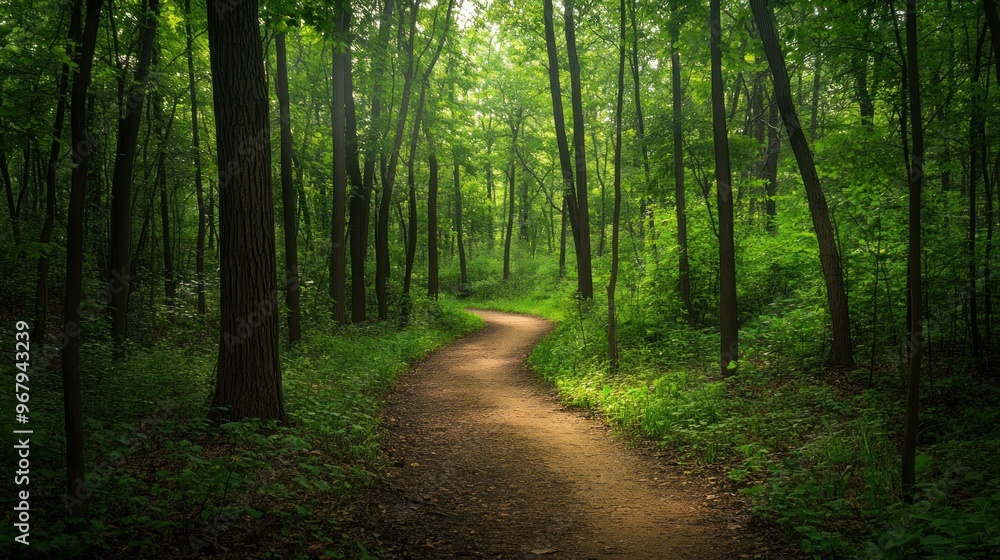 A winding path through a lush green forest, inviting exploration and tranquility. A winding path through a lush green forest, inviting exploration and tranquility.