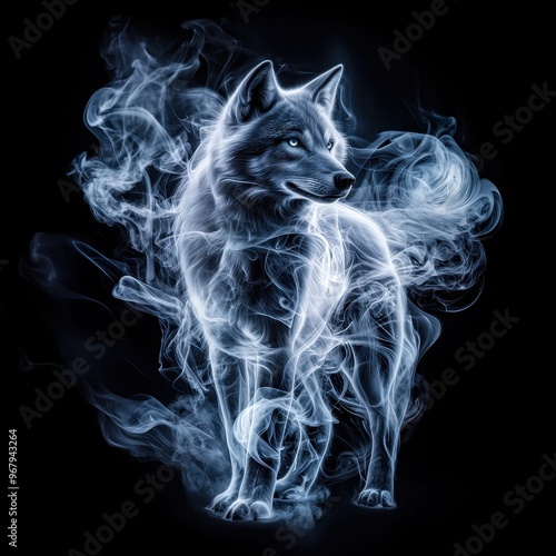 A mystical blue wolf surrounded by wisps of smoke in a dark setting.