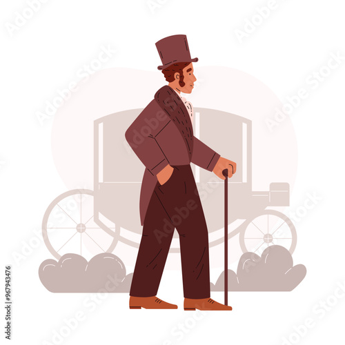 Male person with vintage clothing, cane and hat, vector 19th century Victorian aristocrat, horse carriage silhouette