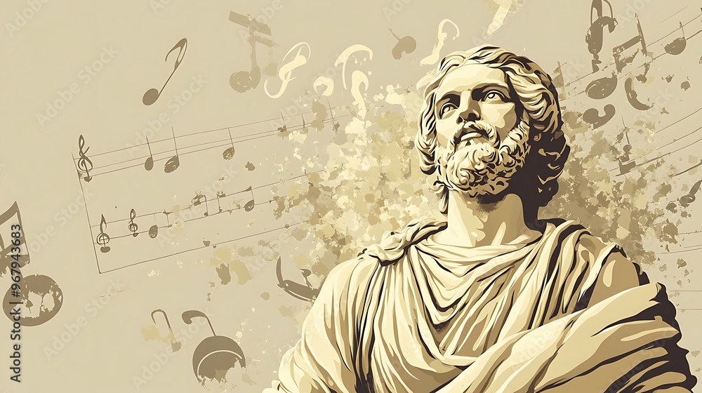 Fototapeta premium Serene Greek Philosopher Statue Amid Floating Musical Notes and Classical Compositions in Vector Style