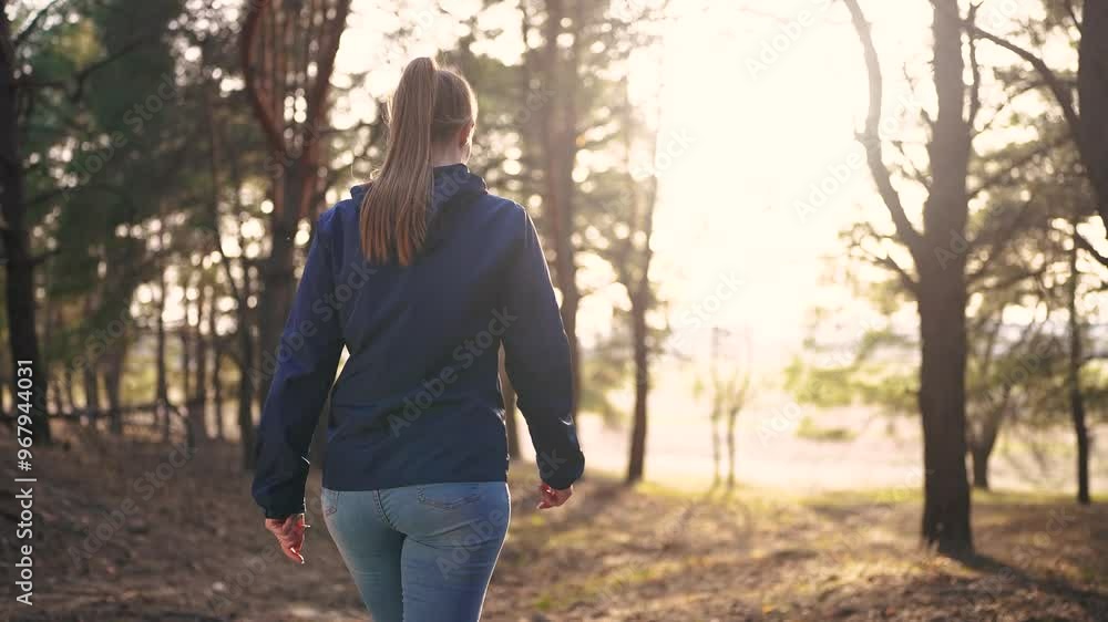 girl tourist walks through the forest. tourist trip concept. a young happy girl in a blue jacket walks through the spring forest with back view, and the glare of the sun lifestyle tourist. girl tourist walks through the forest. tourist trip concept. a young happy girl in a blue jacket walks through the spring forest with back view, and the glare of the sun lifestyle tourist.