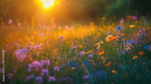 A vibrant field of wildflowers illuminated by a warm sunset.