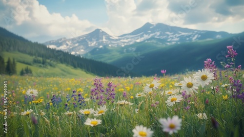 A vibrant wildflower meadow with mountains in the background under a blue sky.