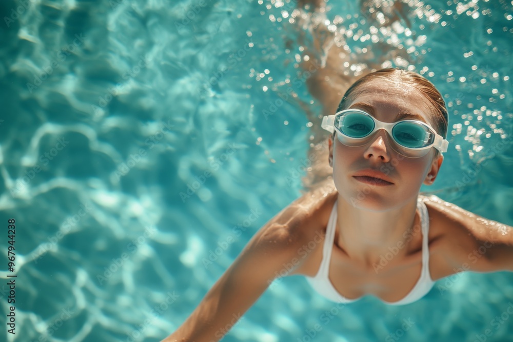 Fototapeta premium Happy calm woman floating. Young girl in bikini swimming in sea, blue aqua. swimming in the sea underwater. summer vacation in the south. vacation and relaxation
