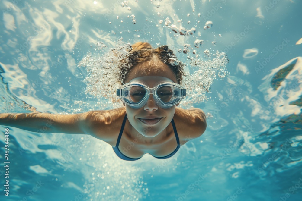Fototapeta premium Happy calm woman floating. Young girl in bikini swimming in sea, blue aqua. swimming in the sea underwater. summer vacation in the south. vacation and relaxation