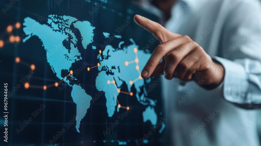 A businessman adjusts a floating graph of international trade flows, manipulating data points with hand gestures A businessman adjusts a floating graph of international trade flows, manipulating data points with hand gestures