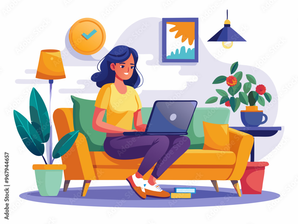 A Young Woman Working on a Laptop in a Stylish Living Room Vector art