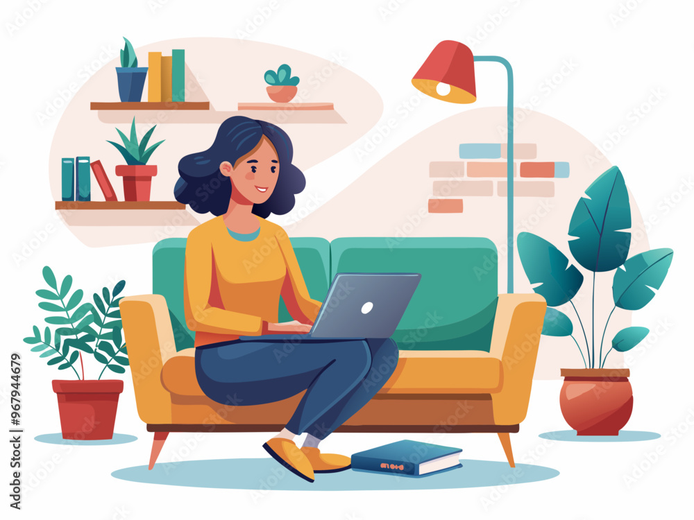 A Young Woman Working on a Laptop in a Stylish Living Room Vector art A Young Woman Working on a Laptop in a Stylish Living Room Vector art
