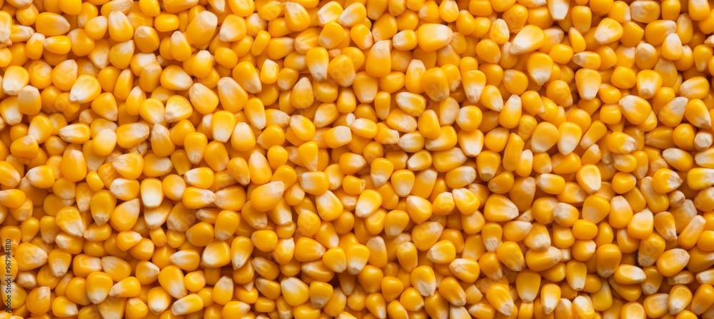 Fresh yellow corn kernels spread out on a textured surface in bright natural light Fresh yellow corn kernels spread out on a textured surface in bright natural light