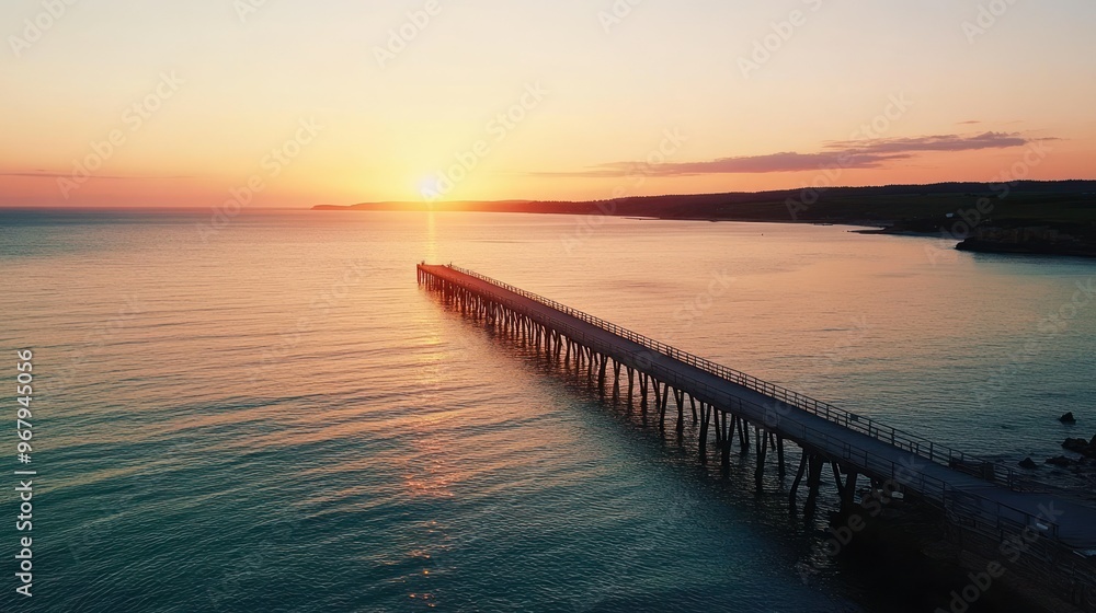 A serene sunset over a pier extending into calm waters, creating a tranquil atmosphere. A serene sunset over a pier extending into calm waters, creating a tranquil atmosphere.
