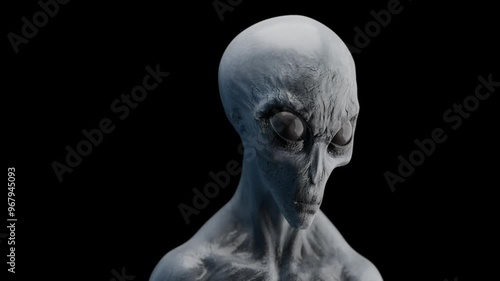 Grey Alien Looking Sideways and towards the camera Closeup of face Realistic 3D Animation with Alpha Map for Background Removal UHD 4K photo