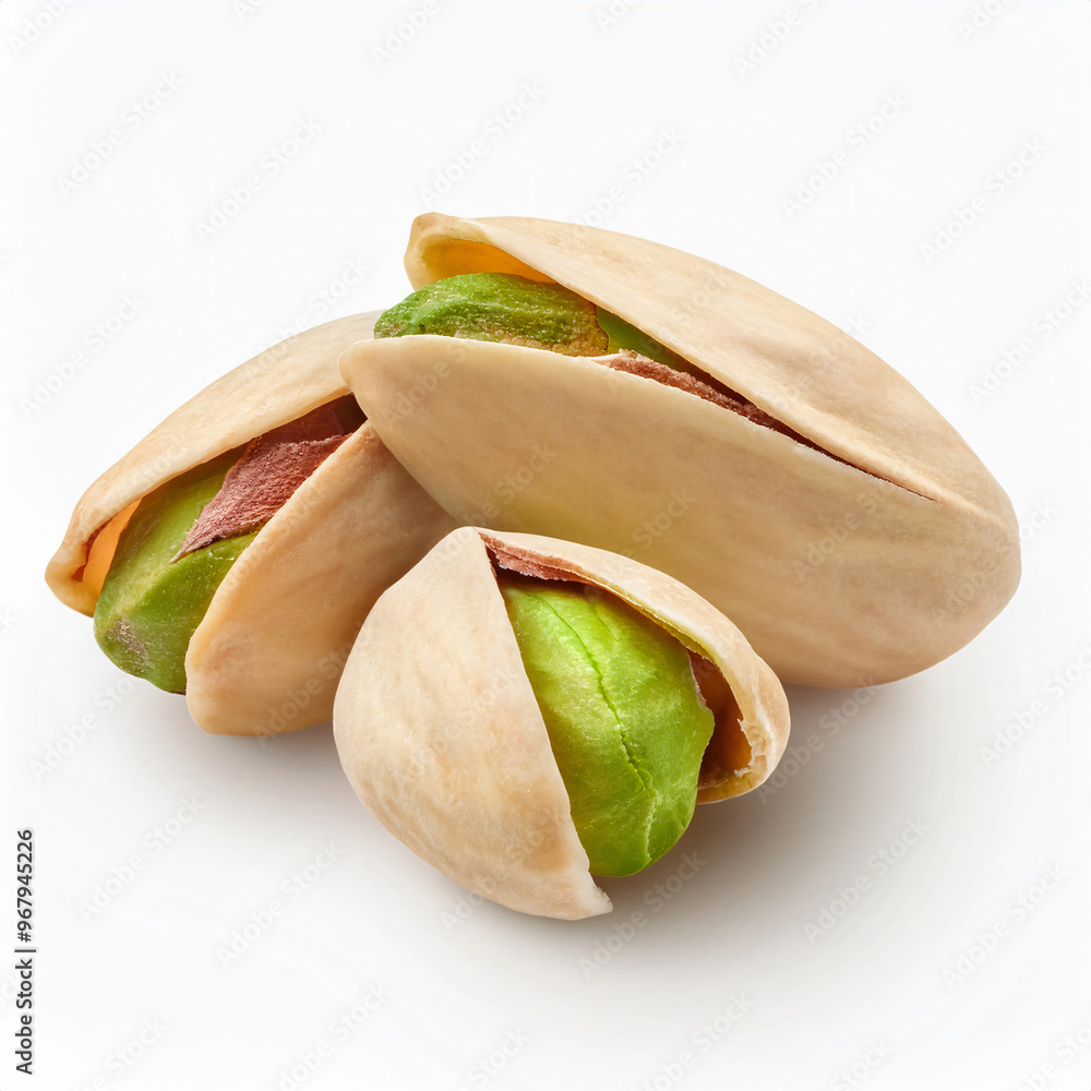 Close-up of three whole pistachios with open shells on a white background, perfect for healthy snack branding, food photography, and illustrating plant-based nutrition Close-up of three whole pistachios with open shells on a white background, perfect for healthy snack branding, food photography, and illustrating plant-based nutrition