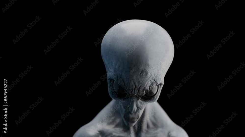 Grey Alien Looking downwards and then towards the camera Closeup of face Realistic 3D Animation with Alpha Map for Background Removal UHD 4K Grey Alien Looking downwards and then towards the camera Closeup of face Realistic 3D Animation with Alpha Map for Background Removal UHD 4K