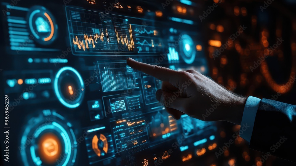 A businessman taps a virtual display of business performance, causing detailed analytics to emerge from the interface A businessman taps a virtual display of business performance, causing detailed analytics to emerge from the interface