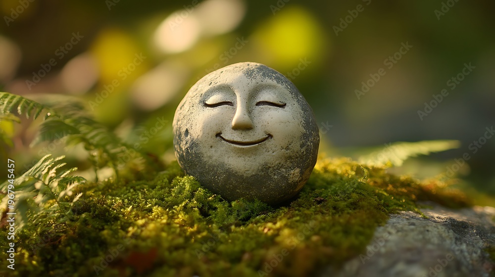 Cheerful Moon Face on Pebble Among Fern and Moss with Soft Lighting - Macro Photography Cheerful Moon Face on Pebble Among Fern and Moss with Soft Lighting - Macro Photography
