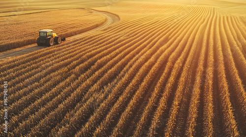 Aerial View of a Sprawling Cornfield in Late Summer with Golden Stalks and a Farmer on a Tractor Along a Dirt Road