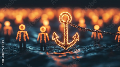A glowing anchor attached to a group of floating figures, representing employees, stability and security provided by the organization to retain talent