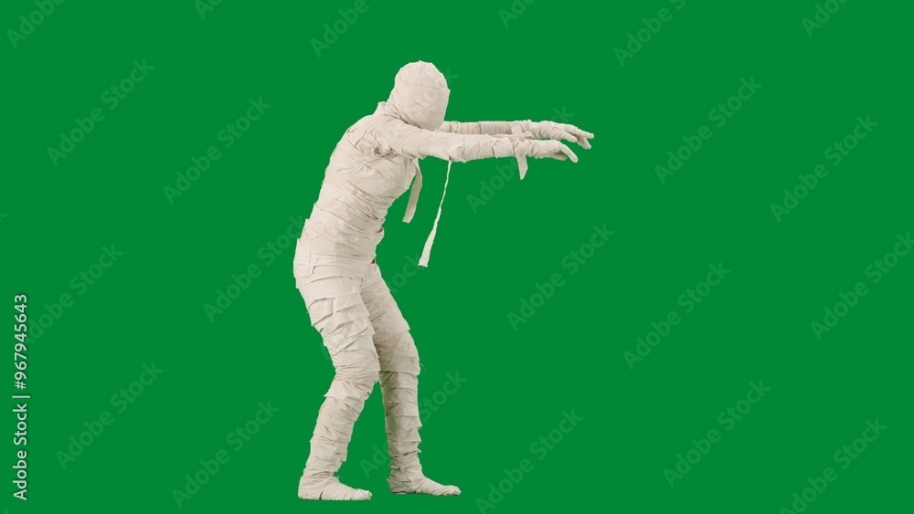 Portrait of person in a mummy bandage on chroma key green screen background. Mummy covered in white cloth ribbons walking with hands up. Portrait of person in a mummy bandage on chroma key green screen background. Mummy covered in white cloth ribbons walking with hands up.