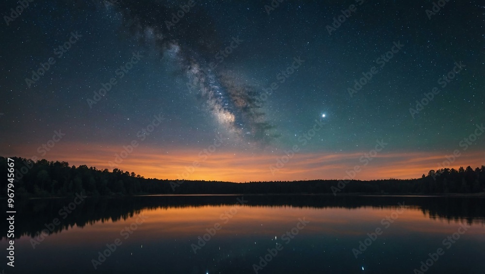 Starry night sky above a serene lake, enhanced by sunset reflections and nature's beauty. Starry night sky above a serene lake, enhanced by sunset reflections and nature's beauty.