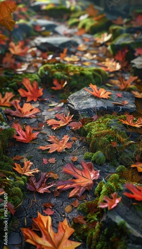 Artificial forest with color changing leaves mimicking autumn amidst vibrant moss and stones