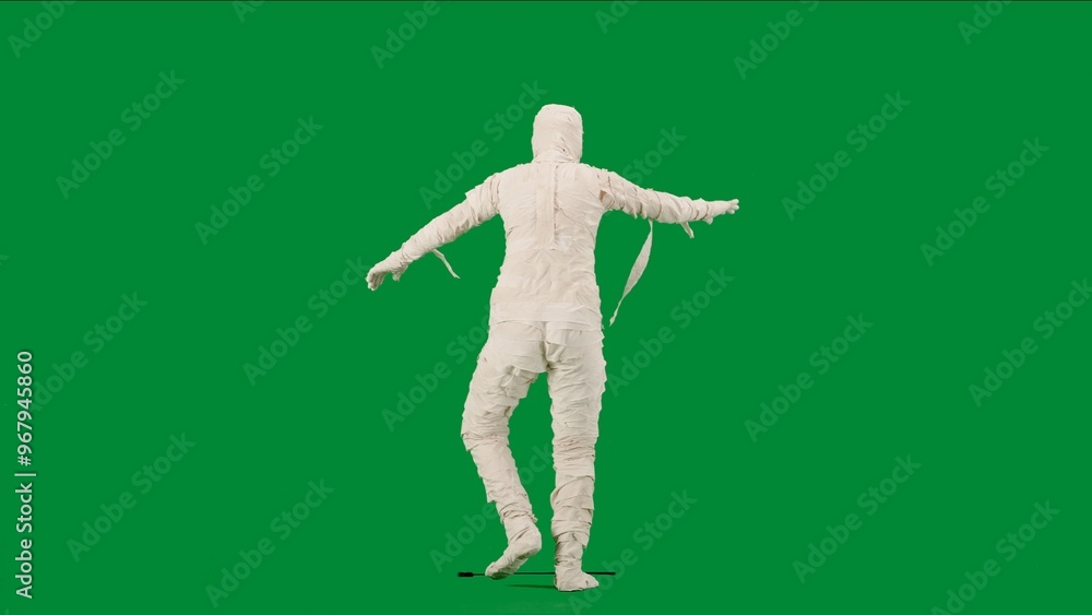 Portrait of person in a mummy bandage on chroma key green screen background. Mummy covered in white cloth ribbons walking with hands up. Back view Portrait of person in a mummy bandage on chroma key green screen background. Mummy covered in white cloth ribbons walking with hands up. Back view