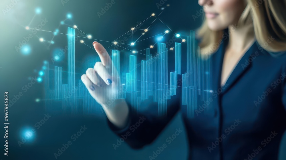 A businesswoman touches a floating bar chart representing company revenue growth, manipulating data points with precision A businesswoman touches a floating bar chart representing company revenue growth, manipulating data points with precision