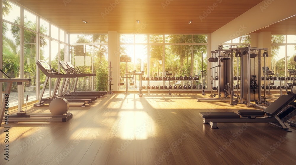 Sunlit Modern Gym with Treadmills and Equipment Sunlit Modern Gym with Treadmills and Equipment