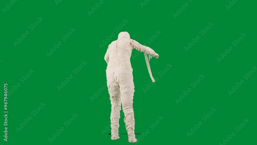 Portrait of person in a mummy bandage on chroma key green screen background. Mummy covered in white cloth ribbons walking with hands up. Back view Portrait of person in a mummy bandage on chroma key green screen background. Mummy covered in white cloth ribbons walking with hands up. Back view
