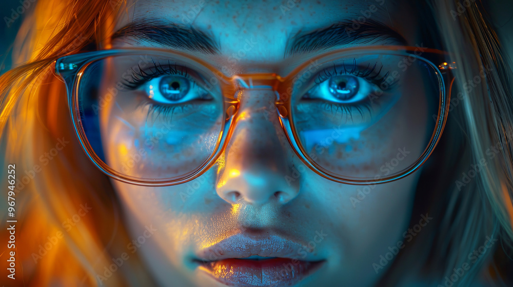 Close-up of a young woman with freckles wearing glasses, illuminated by blue and orange lights creating reflections Close-up of a young woman with freckles wearing glasses, illuminated by blue and orange lights creating reflections